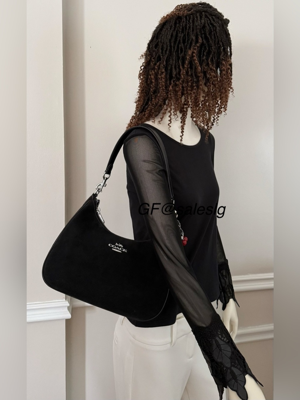 NWT Coach Teri Hobo Shoulder Bag Black Suede Silver Hardware Cherry Charm CCZ88 - Picture 3 of 15